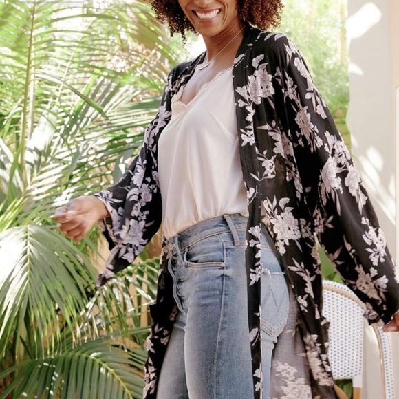 Spiritual Gangster Sweaters - SPIRITUAL GANGSTER Women's Tie Front Black Floral Cardigan Robe Duster